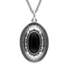 Sterling Silver Whitby Jet Patterned Oxidised Shield Necklace P2547