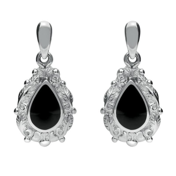 Sterling Silver Whitby Jet Pear Shaped Leaf Drop Earrings. E083.