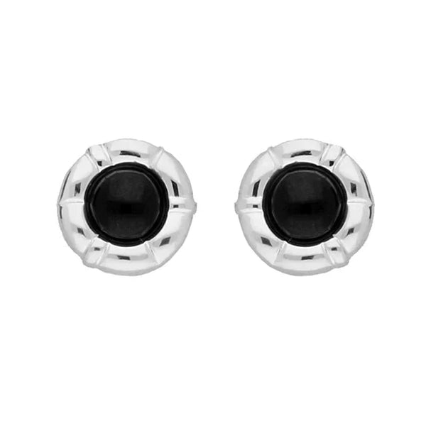 Sterling Silver Whitby Jet Ridged Circle Stud Earrings. E1910.
