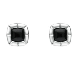 Sterling Silver Whitby Jet Ridged Cushion Stud Earrings. E1905.