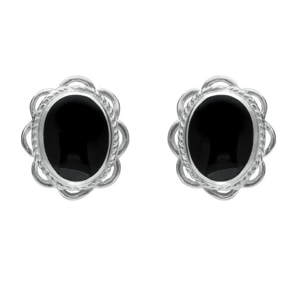 Sterling Silver Whitby Jet Rope Frill Edge Stud Earrings. E009.