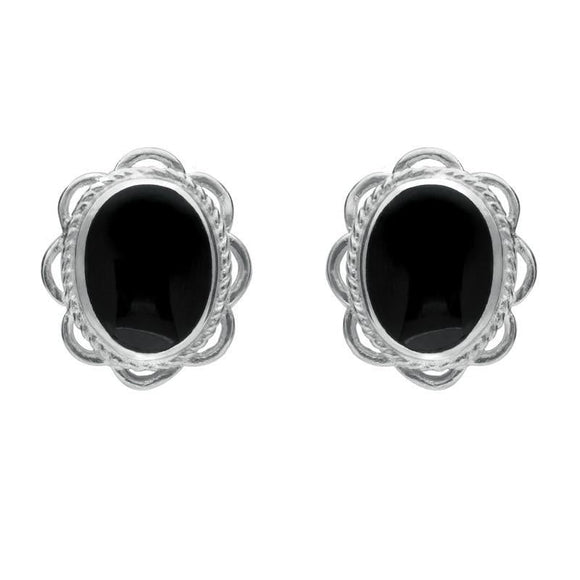 Sterling Silver Whitby Jet Rope Frill Edge Stud Earrings. E009.