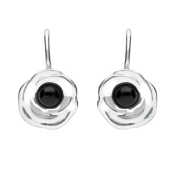Silver Whitby Jet Rose Stone Centre Hook Earrings E1916