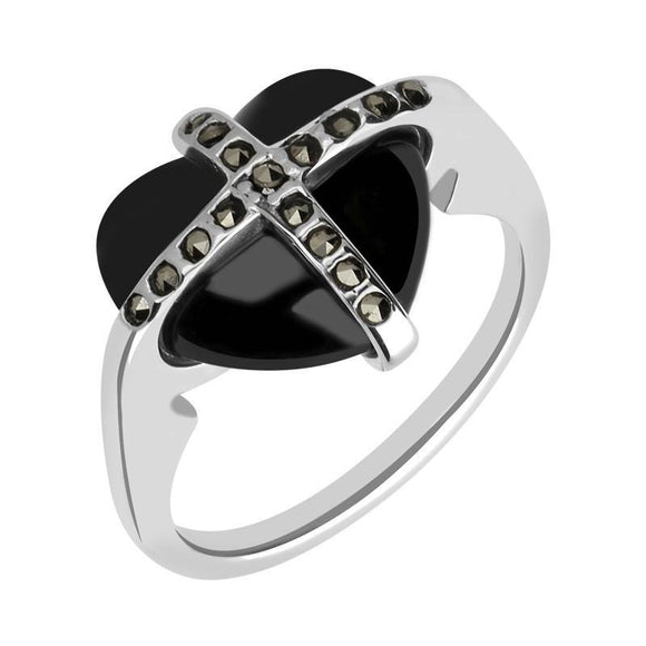Sterling Silver Whitby Jet Seveteen Stone Marcasite Small Cross Heart Ring