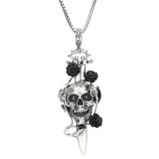 Silver Whitby Jet Skull Dagger Rose Necklace P2873C