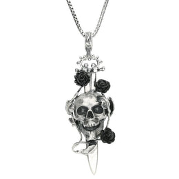 Silver Whitby Jet Skull Dagger Rose Necklace P2873C