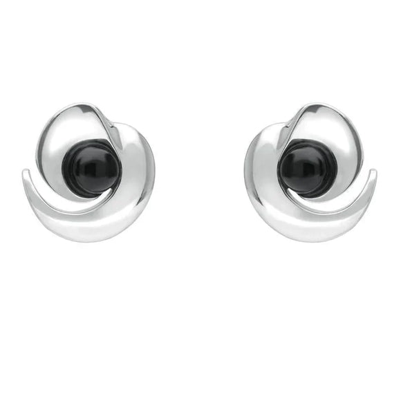 Sterling Silver Whitby Jet Spiral Stud Earrings. E1912.