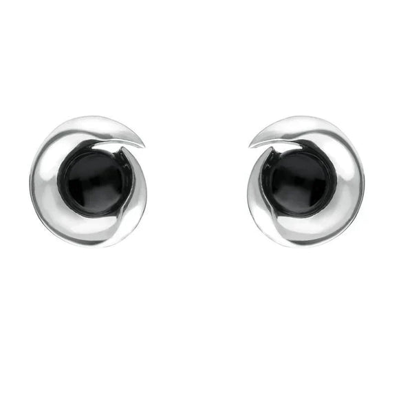 Sterling Silver Whitby Jet Spiral Stud Earrings. E1913.