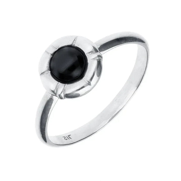 Silver Whitby Jet Stone In Ridged Circle Ring R872