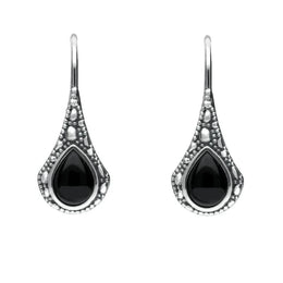 Sterling Silver Whitby Jet Stone Teardrop Oxidised Drop Earrings E1919