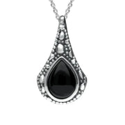 Silver Whitby Jet Stone Teardrop Oxidised Necklace P2535
