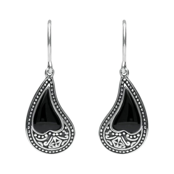 Sterling Silver Whitby Jet Tear Shape Oxidised Drop Earrings E1955