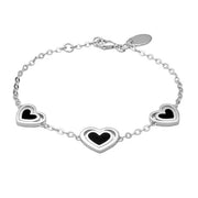 Sterling Silver Whitby Jet Three Stone Heart In Heart Bracelet