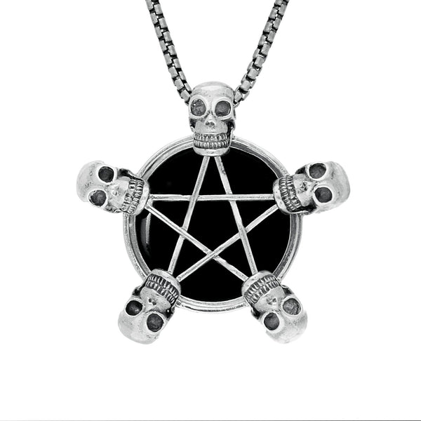 Silver Whitby Jet Unique Pentagram 5 Skulls Necklace P3583C