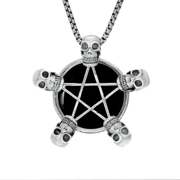 Silver Whitby Jet Unique Pentagram 5 Skulls Necklace P3583C