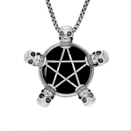 Silver Whitby Jet Unique Pentagram 5 Skulls Necklace P3583C