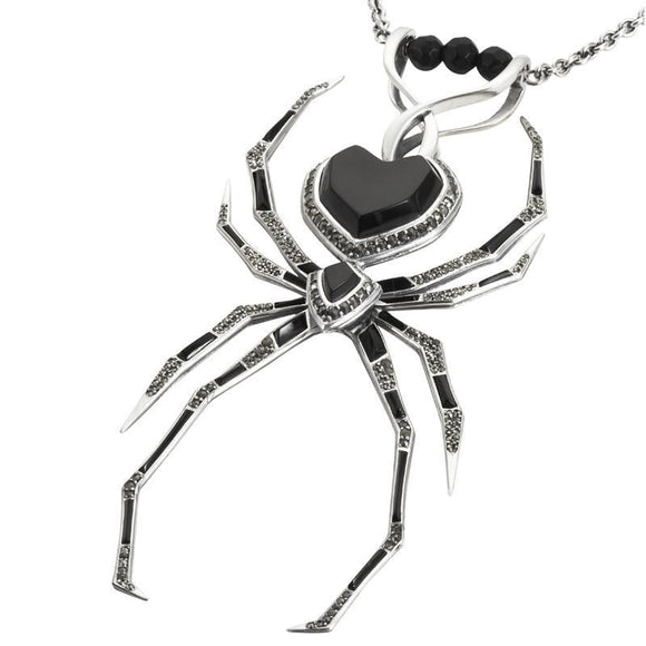 Silver Whitby Jet and Marcasite Gothic Spider Necklace P2039C