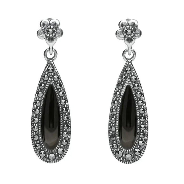 Sterling Silver Whitby Jet Marcasite Pear Drop Stud Earrings E2236