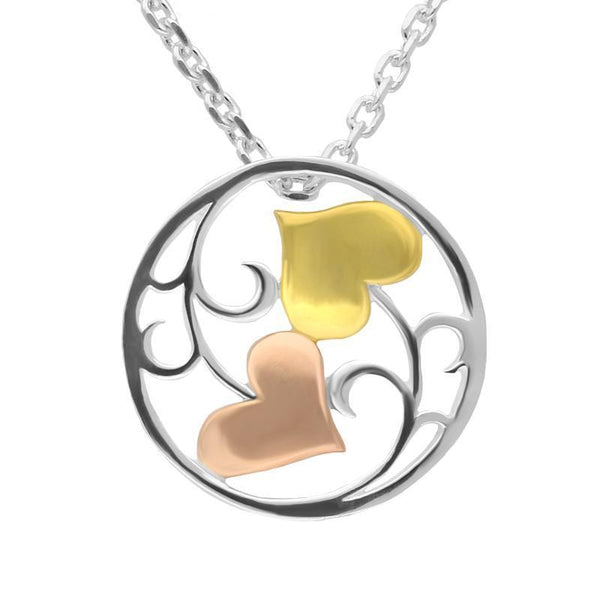 Silver Yellow and Rose Gold Heart and Vine Necklace. P3194C.