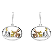Silver Yellow and Rose Gold Reindeer and Trees Hook Earrings E2366
