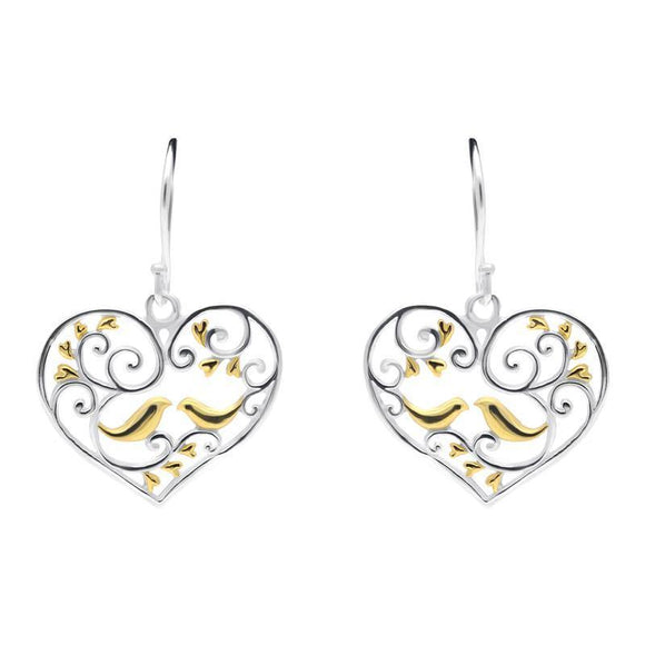 Sterling Silver Yellow Gold Bird Vine Open Heart Hook Earrings E2375