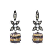 Sterling Silver Blue John Marcasite Pearl Flower Top Drop Earrings E1700