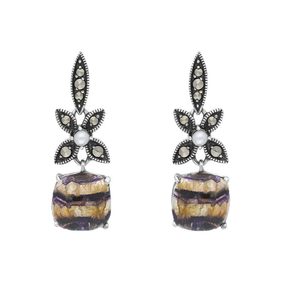 Sterling Silver Blue John Marcasite Pearl Flower Top Drop Earrings E1700