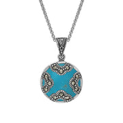 Sterling Silver Turquoise Marcasite Round Four Arc Necklace, P2140.