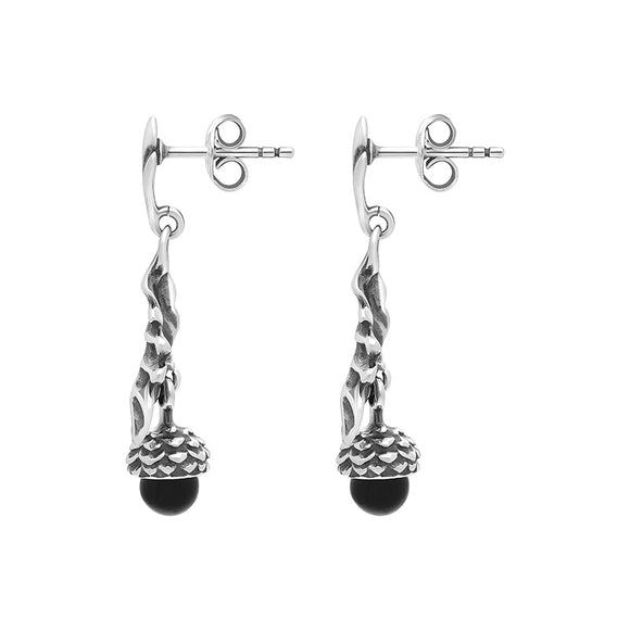Sterling Silver Whitby Jet Acorn Leaf Drop Earrings
