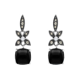 Sterling Silver Whitby Jet Pearl Marcasite Flower Drop Earrings, E1700.