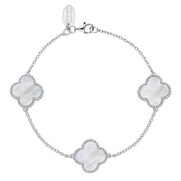 Sterling Silver WHITE MOP Bloom Four Leaf Clover Ball Edge Chain Bracelet, B1153