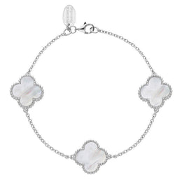 Sterling Silver WHITE MOP Bloom Four Leaf Clover Ball Edge Chain Bracelet, B1153