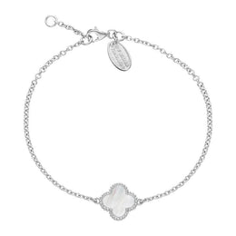 Sterling Silver WHITE MOP Bloom Four Leaf Clover Ball Edge Chain Bracelet, B1154