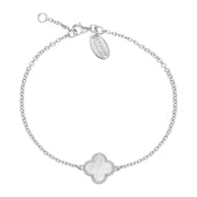 Sterling Silver WHITE MOP Bloom Four Leaf Clover Ball Edge Chain Bracelet, B1154