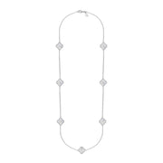 Sterling Silver WHITE MOP Bloom Four Leaf Clover Ball Edge Long Necklace, N1040