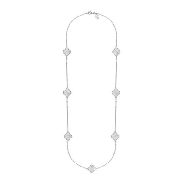 Sterling Silver WHITE MOP Bloom Four Leaf Clover Ball Edge Long Necklace, N1040