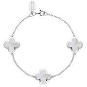 Sterling Silver WHITE MOP Bloom Four Leaf Clover Chain Bracelet, B1196 