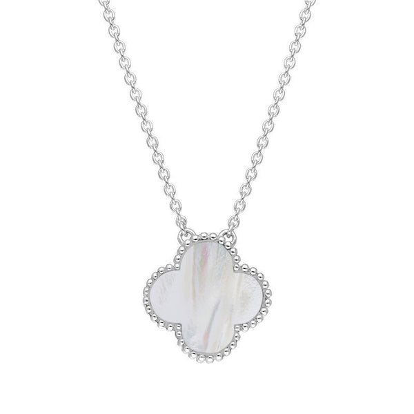 Sterling Silver White Mother of Pearl Bloom Large Four Leaf Clover Ball Edge Chain Necklet
