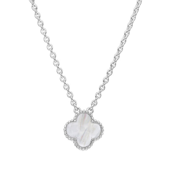 Sterling Silver White Mother of Pearl Bloom Small Four Leaf Clover Ball Edge Chain Necklet
