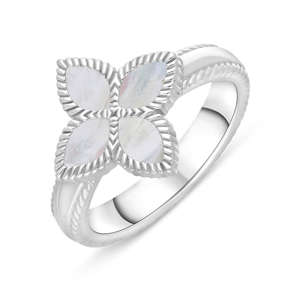 Sterling Silver White Mother of Pearl Bloom Marquise Flower Ring R1276