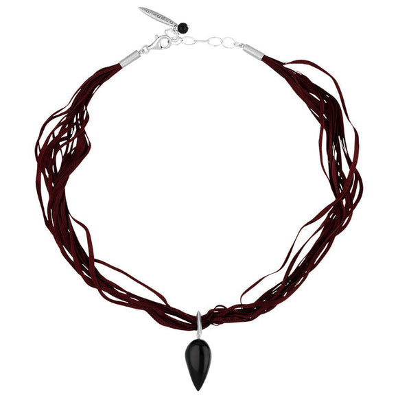 Sterling Silver Whitby Jet Burgundy Silk Pear Shape Necklace D