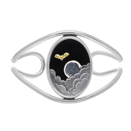 Sterling Silver 9ct Yellow Gold Whitby Jet Moon Cloud Bat Cuff Bangle. B1242.