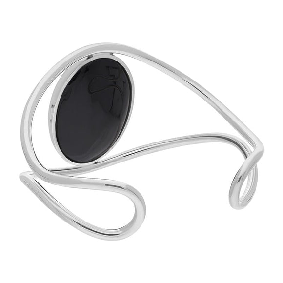 Sterling Silver 9ct Yellow Gold Whitby Jet Moon Wave Bat Cuff Bangle. B1244.