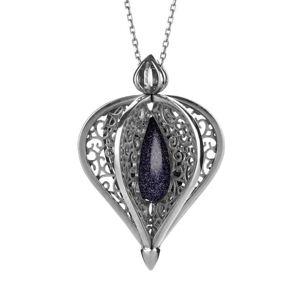 Sterling Silver Blue Goldstone Flore Filigree Droplet Necklace P2330C