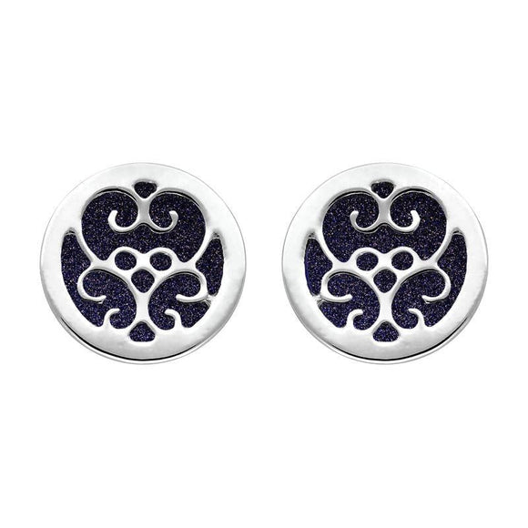 Sterling Silver Blue Goldstone Flore Filigree Stud Earrings, E1782.