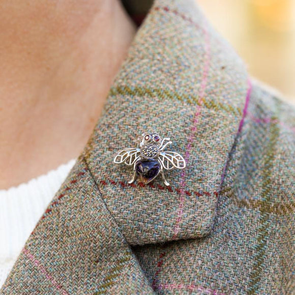 Sterling Silver Blue John Marcasite Garnet House Style Honey Bee Brooch. M333.