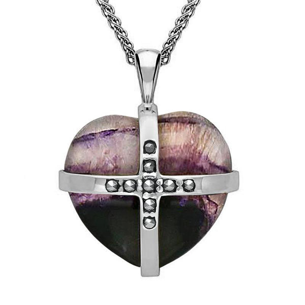 Sterling Silver Blue John Marcasite Large Cross Heart Necklace, P2261