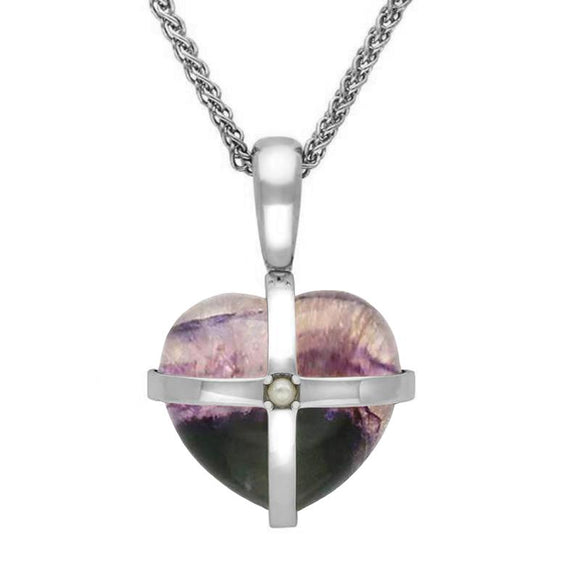 Sterling Silver Blue John One Pearl Small Cross Heart Necklace. P2163.