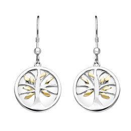 Sterling Silver Gold Plate Bauxite Round Tree of Life Drop Earrings, E2485.