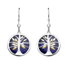 Sterling Silver Gold Plate Lapis Lazuli Round Tree of Life Drop Earrings, E2485.